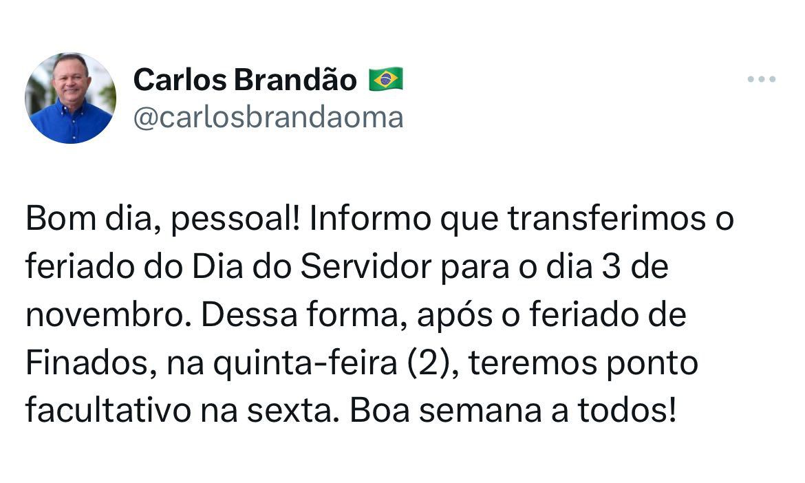 Brandão transfere feriado do dia do servidor e anuncia ponto facultativo